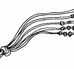 Five strands of string, all knotted together, each with a different number of knots on the string to differentiate them.