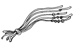 Five strands of string, all knotted together, each with a different number of knots on the string to differentiate them.